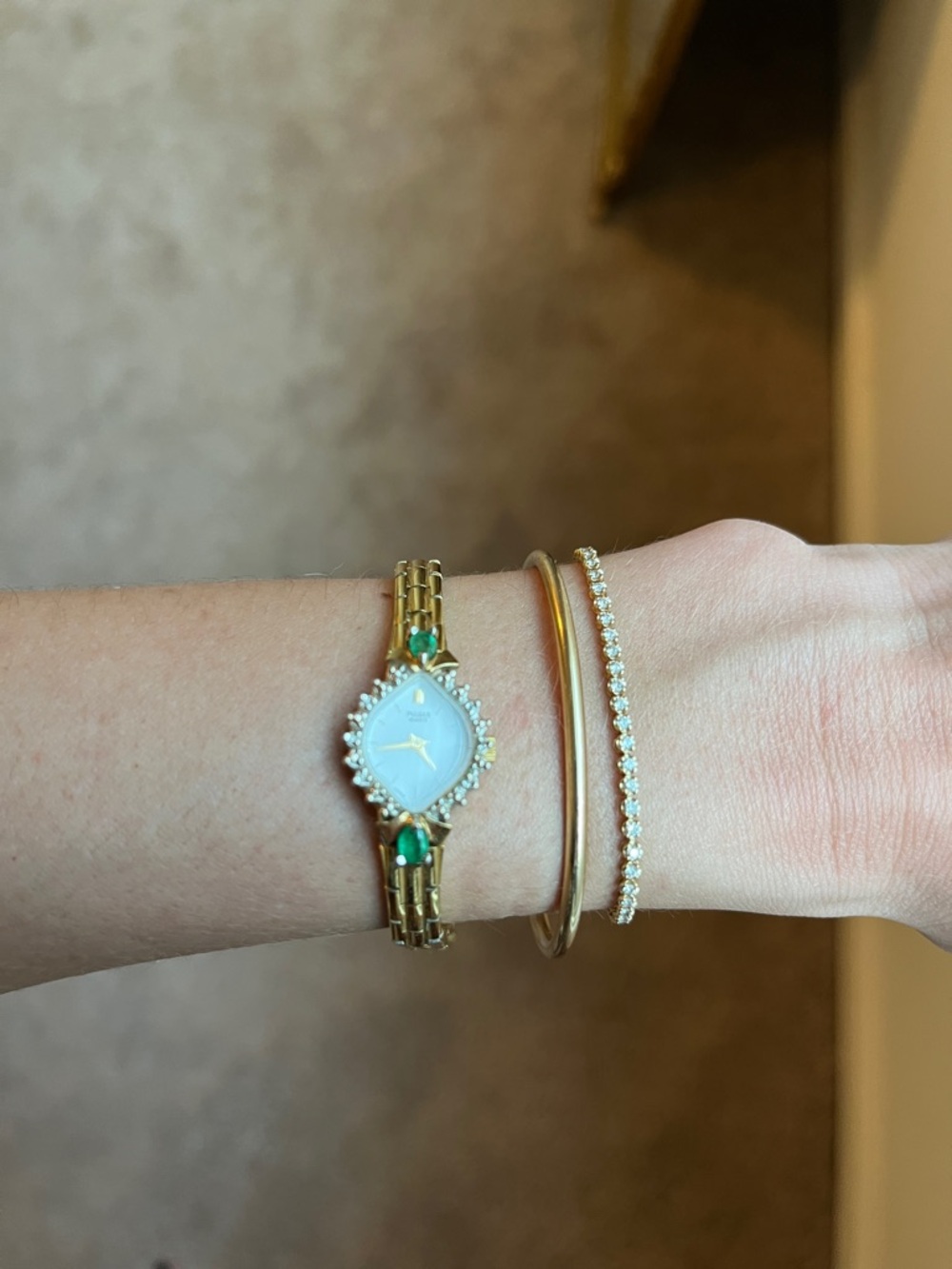 Pulsar Gold-Tone Ladies Watch with White Dial and Green Stones